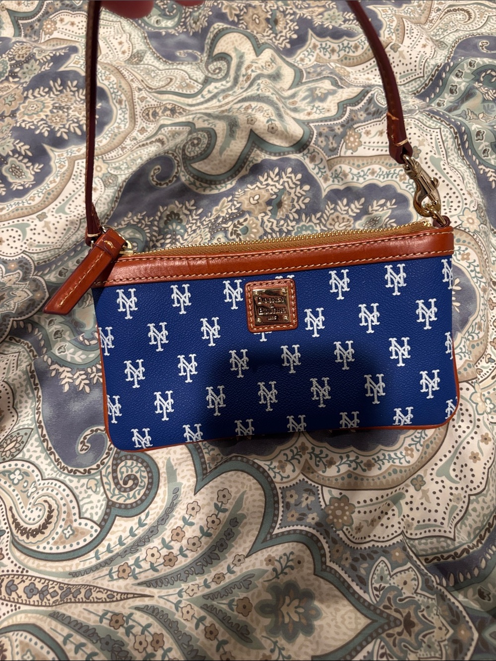 Dooney & Bourke Blue NY Logo Wristlet with Brown Trim